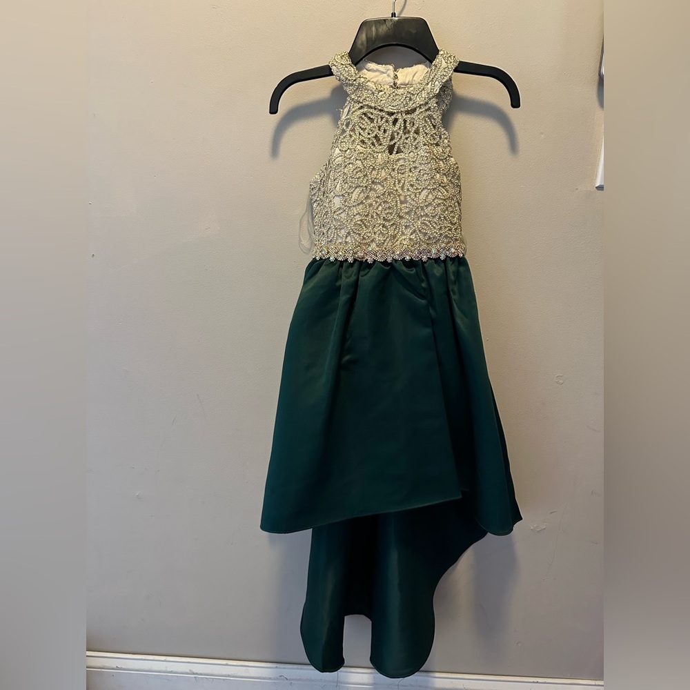 Rare Editions Cream Lace and Green Satin Kids Dress